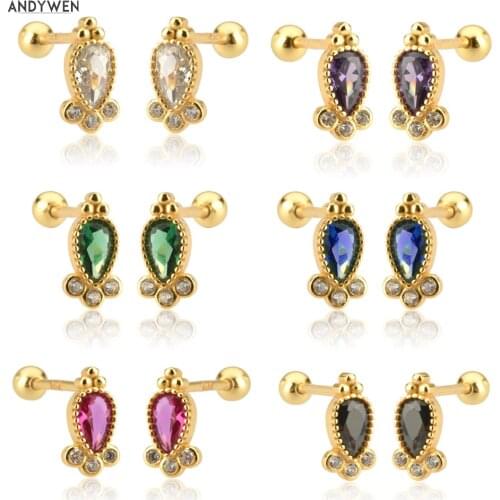 ANDYWEN 925 Sterling Silver Gold Rainbow Ovals Stud Earring Piercing Colorful CZ Clips Tiny Fine Jewelry 2021 Wedding Gift