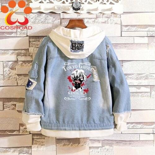 Cosroad Anime Tokyo Ghoul Kaneki Ken Cosplay Jeans Jacket Costumes Men Women Hooded Jacket Halloween Denim Zip Coats