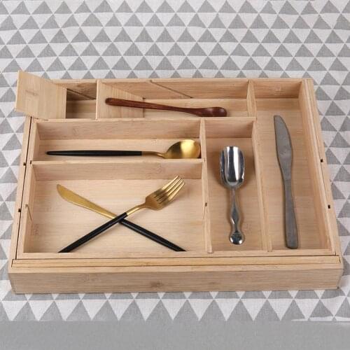 Wooden Bamboo Drawer Organizer Bamboo Expandable Adjustable Cutlery Tray With Grooved Drawer For Kitchen Bathroom Office