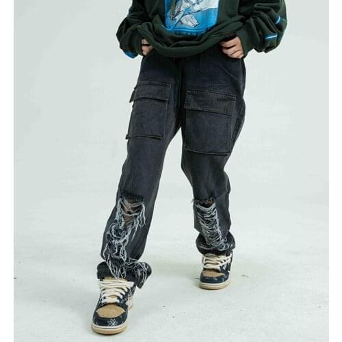 Harajuku High Street Hole Gradient Jeans Men and Women Washed Frayed Pockets Denim Trousers Hip Hop Oversize Straight Pants