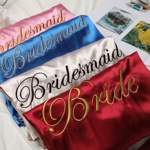 SR159 Embroidery Weddin Date Name Faux Silk Kimono Robe Women Wedding Bride Bridesmaid Robes Bachelorette Wedding Preparewear