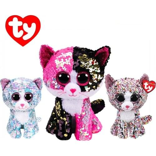 15CM Ty Big Eyes Flippables Plush Animal Doll Sequin Soft Stuffed Cat Owl Fox Rabbit Unicorn Flamingo Sheep Dragon Dog Toys