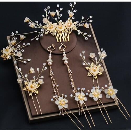Chinese Hanfu White Beaded Flower Tassel Stepping haircombs Hair clip Earrings Sets Female Super Fairy Hairpin Beautiful Jewelry