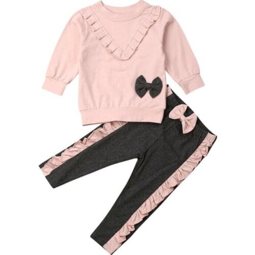 2PCS Baby Girl Outfit Clothes Sets Long Sleeve Pink Ruffle Bowknot Sweatshirt Pants Toddler Kid Clothes Set