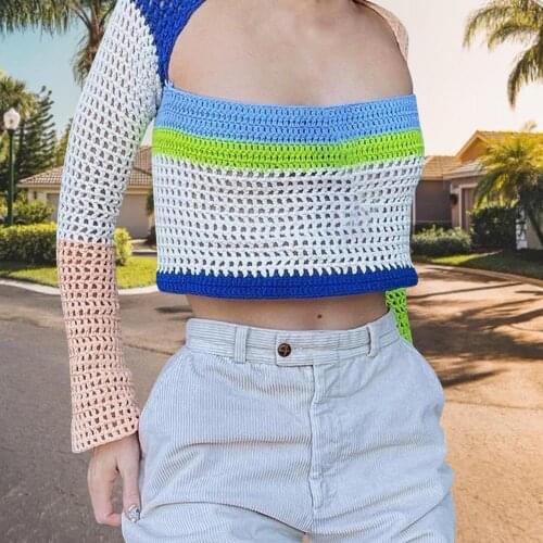 Women Hollow Out Crochet Knit Crop Top Y2k Color-blocking Rainbow Tee Shirt E Girl Long Sleeve Square Neck 90s Short Pullover