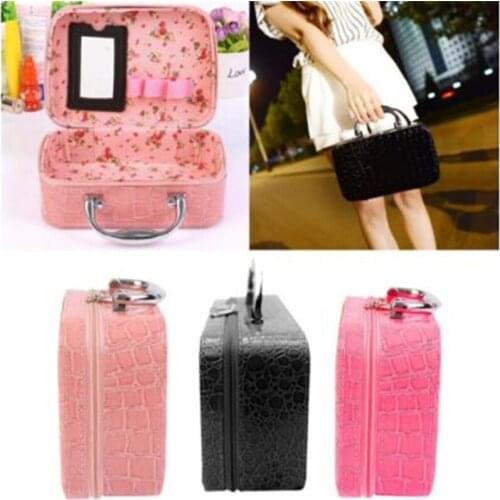 Fashion Travel Cosmetic Bag With Mirror Makeup Tool Storage Bag Case PU Leather Crocodile Pattern Jewelry Box Zipper Ba