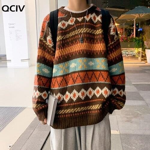 Men Sweater Geometric Jacquard Chinese-style Vintage Thick O-neck Pullovers Winter Warm Baggy Couple Knitted Outwear Retro Chic