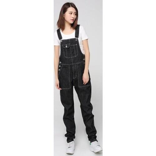 2021 New Loose Denim Overalls Small feet Black Strap trousers Ladies Modis Large size jeans Leisure simplicity