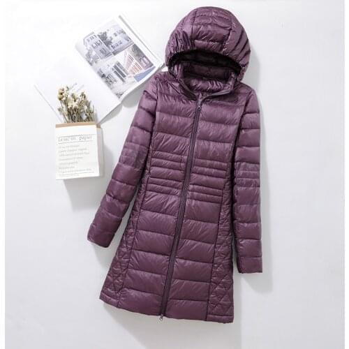 2021 Autumn Winter New Thin down Jacket Womens Mid-Length Hood 90 White Duck Down Coat Fashion Slim Long Sleeve Large Size Coat