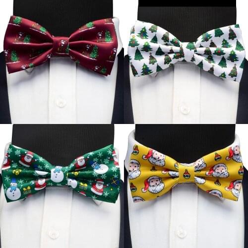 Ricnais New Silk Christmas Bowtie Yellow Red Print Santa Claus Snowman Bow Ties For Men Christmas Festival Party Gift Accessorie