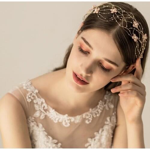 Luxurious Pearls Brides Headbands Pink Flower Crystal Wedding Hair Accessories Party Dress Accessories
