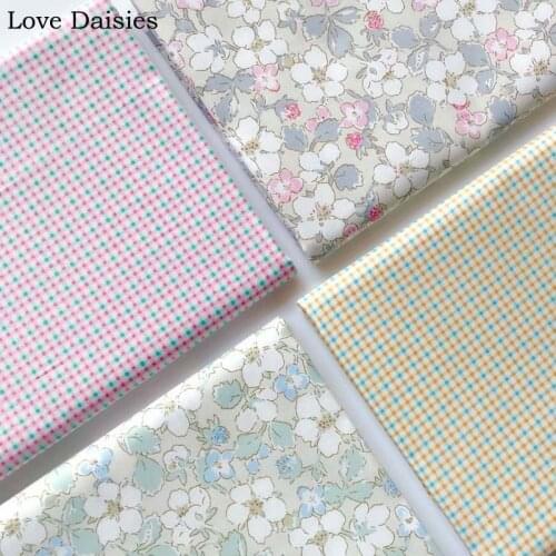 100% cotton twill cloth PINK BLUE white floral flowers check fabric for DIY kid crib bedding apparel dress blouse handwork decor