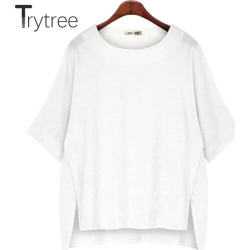 Trytree Summer Women T-shirt Casual Solid Cotton O-Neck Front Short Back Long Hem Split Shirt Loose Tops For Women Dropshipping
