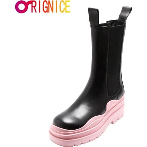 Orignice Women Chelsea Cow Leather Autumn Ankle Short Boots Thick Flat Platform Fashion Slip On Casual 2021 New Waterproof Shoes