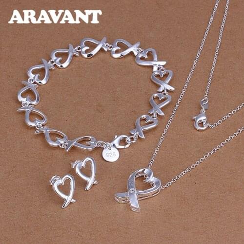 Bridal Jewelry Sets Silver Color Heart Pendant Necklaces Chains Bracelet Stud Earring Women Fashion Wedding 925 Silver Jewelry