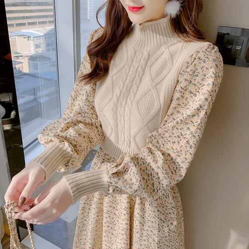 2021 spring autumn new women V collar long sleeve print knitted A-line dress female elegant lace-up sweater dresses