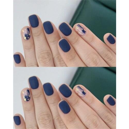 24pcs Blue Dye With Sequins Decorated Fake Nails With Glue Frosted Square Wearable Full Cover Finished Nail Press On Nails TO