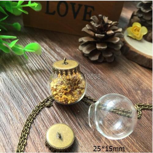 Free shipping 20sets/lot 25*15mm(opening) glass globe & bronze base set glass dome bubble vial pendant diy glass bottle orbs