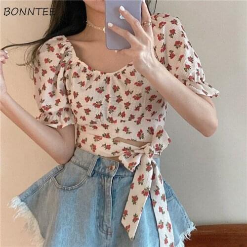 Floral T-shirts Women French Fashion Summer All-match Cropped Soft Bandage Design Flare Sleeve Navel Square Collar Tops Harajuku