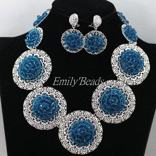 Popular Teal Blue Costume Indian Wedding Bridal Necklace Earrings Set African Crystal Beads Jewelry Set Free Shipping AIJ877