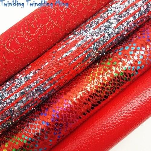Red Chunky Glitter leather, Metallic Snake Faux Leather, Litchi synthetic Leather For Bow A4 21x29CM Twinkling Ming KM150