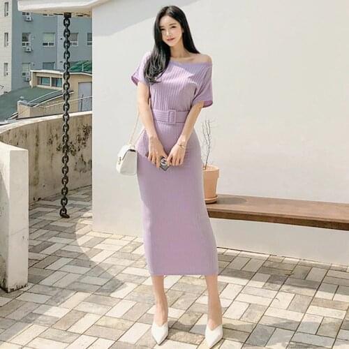 Summer Casual Purple Bodycon Dress Solid One-Line Collar Slim Package Hip Long Dress Elegant Robe Korean Clothes Female Vestidos