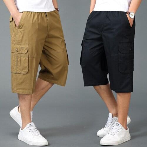 Mens cotton washed cropped trousers thin section elastic multi-pocket mens pants loose casual