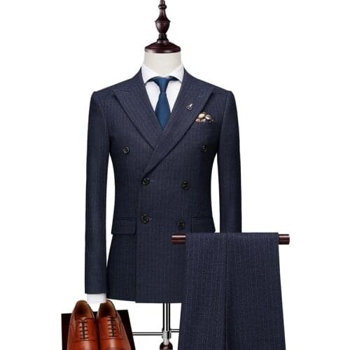 Mens fashion business casual double breasted slim suit men stripe groom wedding tuxedo dress party suit male Blazer+Pants+Vest