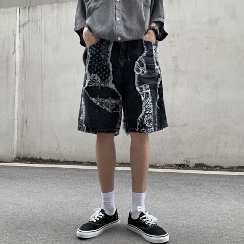 New Summer Womens Five-Point Pants Vintage Washed Waist Flower Printed Denim Shorts Trend Fashion Mens Straight Wide-Leg Pants