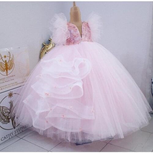 New Pink Puffy Tulle Flower Girl Dresses Hand Made Little Girl Dresses Birthday Pageant Gowns