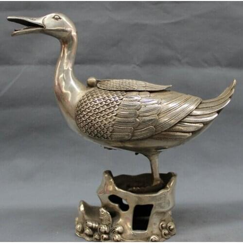 Wholesale factory 10 Folk Chinese Silver Wealth Duck Fish Statue Quacker Box Incense Burner Censer