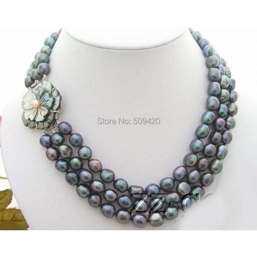 3Strds Black Baroque Pearl Necklace-Cameo Flower Clasp