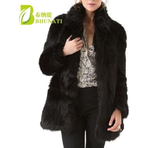 BHUNATI New Arrival 2018 Women Fur White Coat with Faux Fox Fur Collar Female Black Artificial Coat Fashion SlimOvercoat