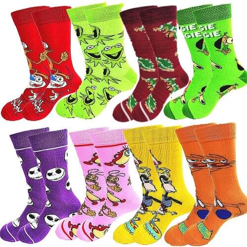 A Pair of Autumn and Winter Cartoon Animal Men Socks Red Yellow Orange Green Pink Purple Tube Street Wind Senior Sewing Crew