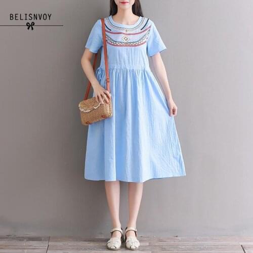 Mori Girl Summer Women Dresses White Blue Cotton Linen Vestidos Short Sleeve Floral Embroidery Elegant Drawstring Midi Dress