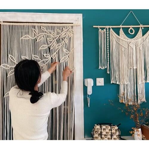 Hand-Woven Leaves Pattern Macrame Bohemian Tapestry Wall Hanging Art Tapestry Door Tassel Curtain Window Curtain Home Decoration