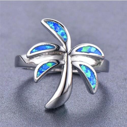 Simple Female Blue Opal Stone Ring Cute Silver Color Wedding Ring Dainty Coconut Tree Thin Engagement Rings For Women