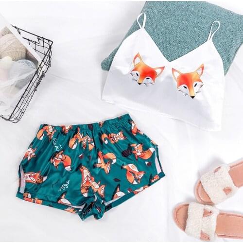 Sexy Pijama Satin Night Suits Wear Spaghetti Strap Ladies Pajama Set Love Fox Print Cute Cartoon Pattern Sleepwear Silk V Neck