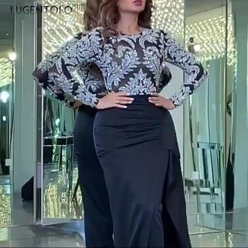 Sexy Dress Women Slim Long Sleeve Small Sequins Party Dresses Lady Elegant Empire Split Fork Fashion Black Long Dress Lugentolo