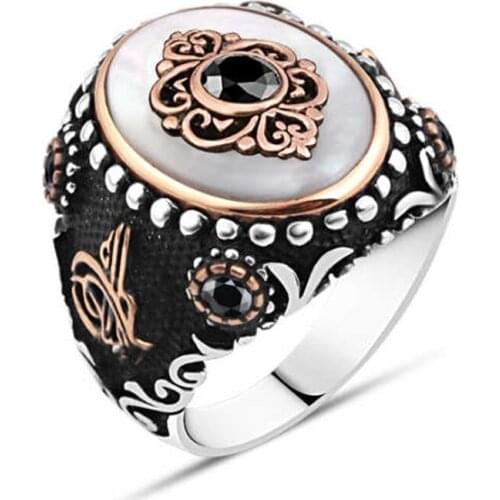Mother of pearl Cubic Zirconia Mid-Zircon Stone Motif Silver Men 'S Ring
