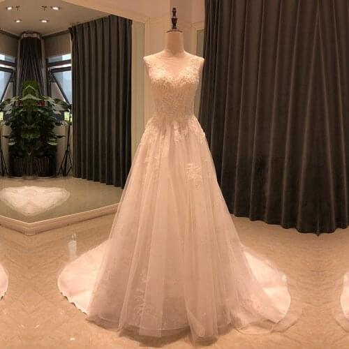 SL-7106 new design wedding dresses without sleeve 2021 beads lace illusion neck bridal wedding dress tulle vintage bride gown