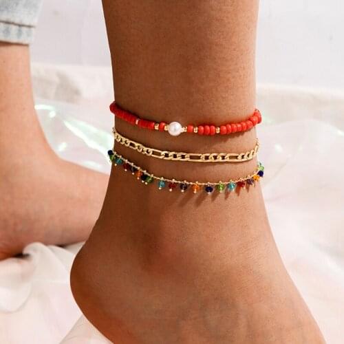 Docona Bohe Colorful Seed Beaded Foot Chains for Women Charm Geometric Multilayer Cuban Chain Anklets Set Female Jewelry 17511