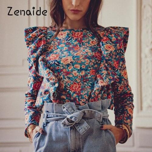 Ruffle Boho Floral Shirts Women Printed Vintage Turtleneck Long Sleeve Office Ladies Spring 2021 Women Blouse