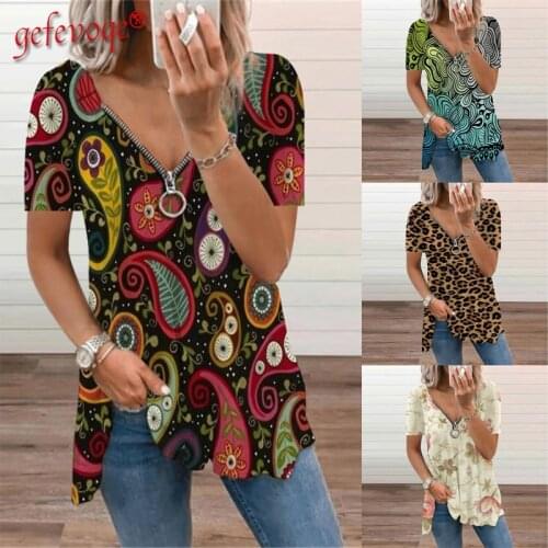 Summer Womens Clothing Zipper Short Sleeve V-neck Printing TShirts Graphic Casual Oversize Tops Vintage Elegantes T Shirt Femme