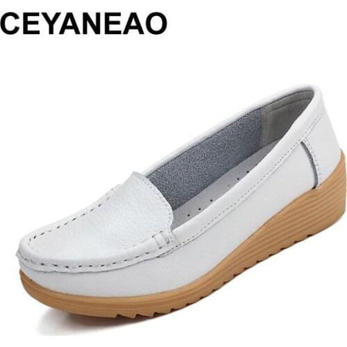 CEYANEAO Women Shoes Four Seasons 2018 Women Genuine Leather Wedge round toe Platform nurse Soft and comfortable Flat Shoes