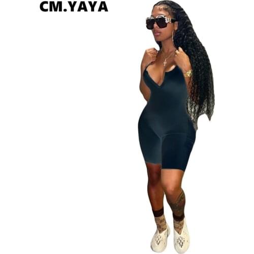 CM.YAYA Women Playsuit Solid Sleeveless V-neck Stretchy Bodycon Skinny Playsuits Casual Rompers Fashion Outfits Summer 2021