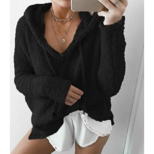 2021 Autumn Top Women Casual Mohair Hooded Pullovers V Neck Fleece Sweater Fashion Sweet Loose Warm Winter Mohair Tops Pullover