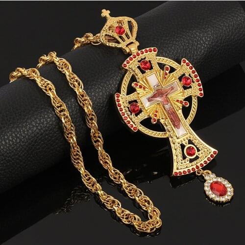 Cross Pectoral Christian Church Golden Long Chain Necklace 120 cm Priest Crucifix Orthodox Baptism Religious Gift Icons Pendant
