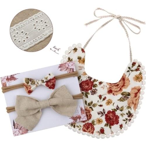 1 Set Baby Printing Bowknot Headband Bibs Set Double Sided Feeding Saliva Towel