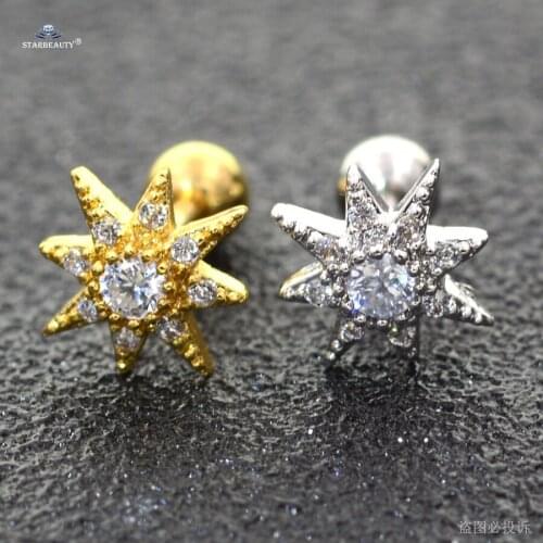 1pc 16G 6mm White Stone Sun Tragus Piercing Helix Piercing Studs Daith Earrings Nose Ring Ear Piercing Gold Color Jewelry